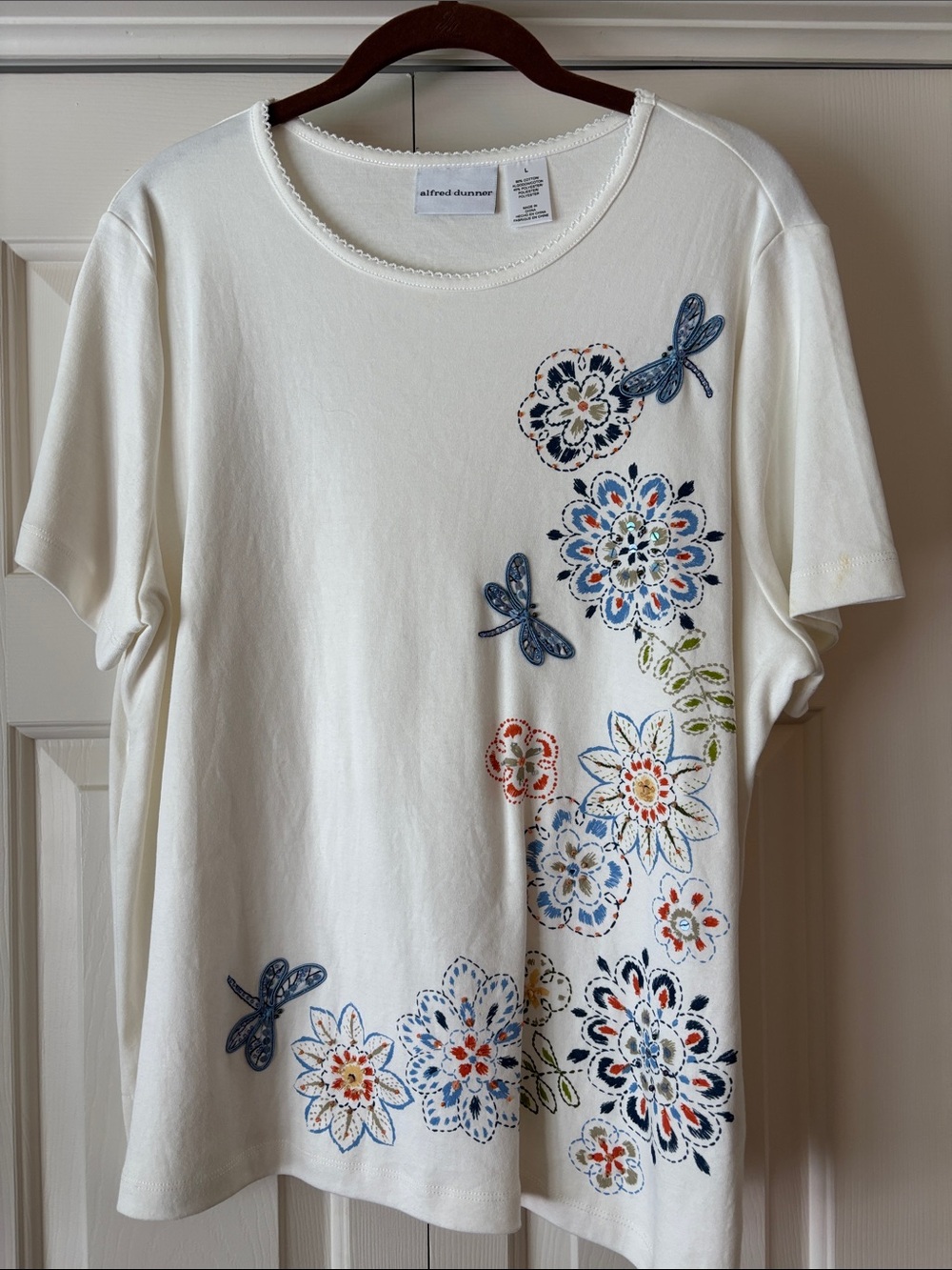 Alfred Dunner Cream Short-Sleeve Tee with Blue & Multicolor Floral Embroidery